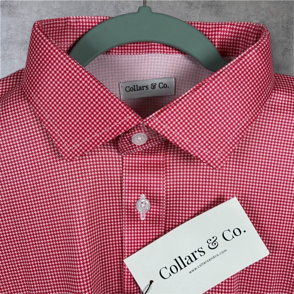 Collars & Co Polo Shirt Mens XL Tall Red White Houndstooth Dress Collar Golf